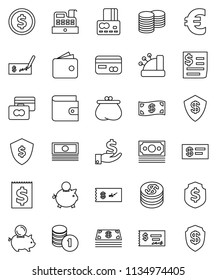 thin line vector icon set - dollar coin vector, credit card, wallet, cash, piggy bank, investment, stack, check, shield, euro sign, money, receipt, cashbox