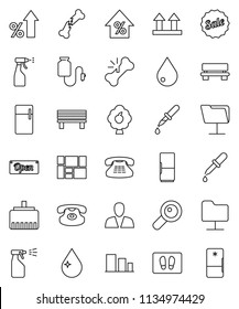 thin line vector icon set - water drop vector, welcome mat, sprayer, percent growth, consolidated cargo, top sign, sorting, classic phone, magnifier, dropper, broken bone, counter, network folder
