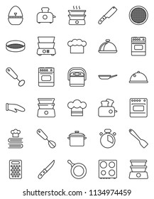 thin line vector icon set - pan vector, cook hat, glove, timer, whisk, spatula, knife, grater, oven, double boiler, cookbook, sieve, dish, multi cooker, toaster