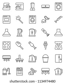 thin line vector icon set - vacuum cleaner vector, bucket, kettle, scales, oven, blender, air conditioner, fridge, washer, coffee maker, hood