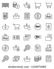 thin line vector icon set - dollar coin vector, cart, credit card, stack, receipt, estate document, search, new, buy, barcode, reader, basket, shopping list