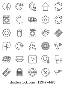 thin line vector icon set - washboard vector, toilet paper, plates, pie graph, arrow up, pound, oxygen, disk, play button, pills blister, gear, refresh, redo, loading, route, relocation truck