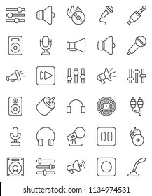 thin line vector icon set - disk vector, music hit, microphone, speaker, loudspeaker, settings, headphones, pause button, forward, rec, rca, jack, equalizer
