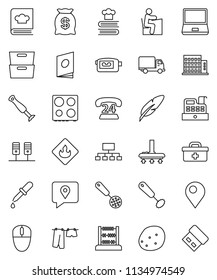 thin line vector icon set - vacuum cleaner vector, drying clothes, whisk, skimmer, oven, cookbook, potato, pen, student, abacus, archive, hierarchy, phone 24, traking, delivery, flammable, dropper