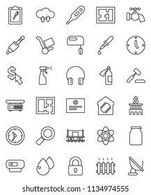 thin line vector icon set - water tap vector, sprayer, jar, atom, certificate, magnifier, bank building, clock, dollar cursor, Railway carriage, clipboard, headphones, jack, thermometer, dropper