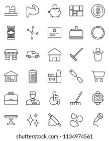 thin line vector icon set - rake vector, shining, garbage pile, apron, spatula, rolling pin, pasta, case, certificate, constellation, dollar coin, cart, piggy bank, muscule hand, heart monitor, pool