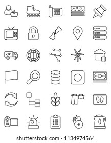 thin line vector icon set - welcome mat vector, drying clothes, paper pin, world, flag, clipboard, roller Skates, cereals, breads, money, phone, oil barrel, music hit, rec button, broken bone, lock