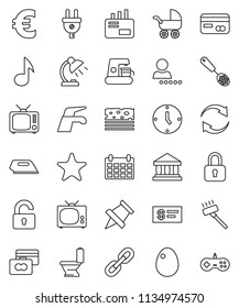 thin line vector icon set - water tap vector, vacuum cleaner, toilet, skimmer, egg, table lamp, paper pin, music, bank, credit card, clock, calendar, euro sign, breads, tv, favorites, refresh, chain