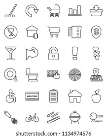 thin line vector icon set - rake vector, welcome mat, toilet, measuring cup, skimmer, bbq, apple fruit, graph, cart, bike, muscule hand, target, stairways run, no alcohol sign, oxygen, navigator