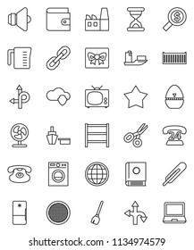 thin line vector icon set - broom vector, measuring cup, cook timer, sieve, scissors, wallet, money search, route, phone 24, ship, sea container, port, shelving, speaker, classic, thermometer, chain