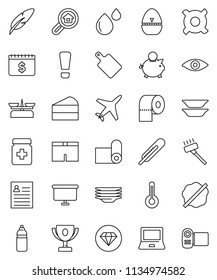 thin line vector icon set - vacuum cleaner vector, splotch, plates, toilet paper, cook timer, cutting board, cake, pen, notebook pc, award cup, personal information, piggy bank, presentation, shorts