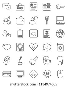 thin line vector icon set - satellite vector, phone 24, receipt, flammable, video camera, dialog, speaking man, notebook pc, heart, battery, backward button, cross, flask, crutches, pills bottle