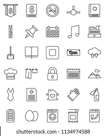 thin line vector icon set - scoop vector, clothespin, drying clothes, rubber glove, cook hat, egg, book, music, annual report, dollar flag, calendar, swimsuite, sports nutrition, no smoking, battery