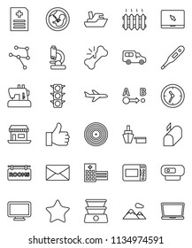thin line vector icon set - office vector, plane, traffic light, ship, car, clock, port, route, disk, notebook pc, finger up, favorites, thermometer, pregnancy, broken bone, microscope, anamnesis