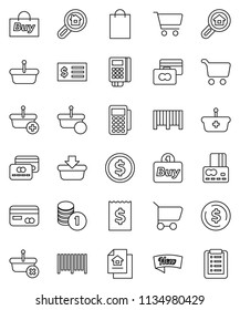 thin line vector icon set - dollar coin vector, cart, credit card, stack, receipt, estate document, search, new, shopping bag, buy, barcode, reader, basket, list