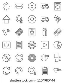thin line vector icon set - washboard vector, toilet paper, plates, pie graph, arrow up, oxygen, disk, play button, rec, pills blister, gear, refresh, redo, loading, route, relocation truck, 24 hour