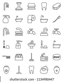 thin line vector icon set - soap vector, fetlock, mop, sponge, water tap, car, bath, toilet brush, liquid, paper, shower, sink, tooth, epilator