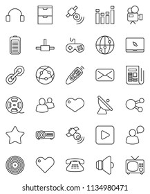 thin line vector icon set - satellite antenna vector, film spool, disk, satellitie, newspaper, speaker, gamepad, equalizer, video camera, remote control, internet, speaking man, headphones, link, tv