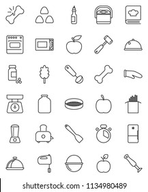 thin line vector icon set - camping cauldron vector, scales, cook glove, timer, spatula, ladle, meat hammer, mixer, toaster, microwave oven, cookbook, sieve, dish, jar, cereal, pasta, oil, diet