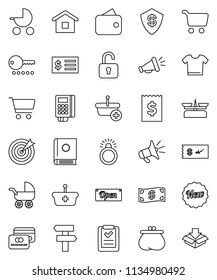 thin line vector icon set - cart vector, receipt, credit card, wallet, cash, new, open, target, reader, basket, home, shopping list, catalog, loudspeaker, unlock, check, diamond ring, baby stroller