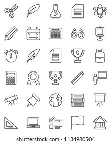 thin line vector icon set - book vector, pen, pencil, blackboard, corner ruler, glasses, backpack, atom, telescope, calculator, notebook pc, alarm clock, schedule, paper pin, award cup, medal, world