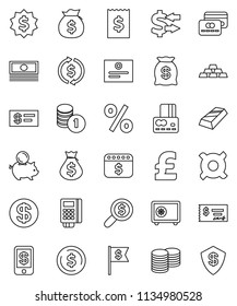 thin line vector icon set - certificate vector, exchange, dollar coin, gold ingot, credit card, cash, money bag, piggy bank, stack, check, receipt, search, medal, flag, safe, calendar, any currency