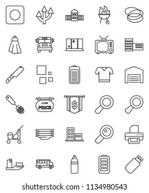 thin line vector icon set - cleaner trolley vector, towel, plates, shining window, skimmer, knife, bbq, school building, bus, dollar flag, t shirt, water bottle, hoop, ship, tv, battery, rec button