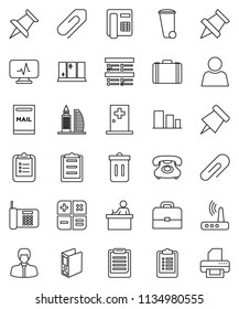 thin line vector icon set - trash bin vector, shining window, student, case, clipboard, paper pin, exam, manager, binder, phone, sorting, thumbtack, diagnostic monitor, medical room, router, user