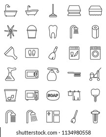 thin line vector icon set - soap vector, plunger, scraper, cleaner trolley, broom, fetlock, mop, bucket, sponge, trash bin, window cleaning, welcome mat, bath, drying clothes, washer, liquid, shower