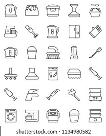 thin line vector icon set - water tap vector, vacuum cleaner, fetlock, bucket, sponge, car, washing powder, rubber glove, kettle, double boiler, blender, fridge, washer, dishwasher, coffee maker