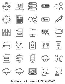 thin line vector icon set - pen vector, document, laptop graph, binder, personal information, prohibition sign, no smoking, signpost, satellite antenna, network, server, folder, cloud exchange, open