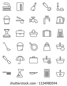 thin line vector icon set - plunger vector, broom, fetlock, bucket, water tap, car, toilet brush, pan, kettle, measuring cup, cook press, spatula, ladle, grater, case, umbrella, supply, shopping bag