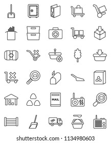 thin line vector icon set - scoop vector, washing powder, cereal, pasta, archive, binder, safe, first aid kit, wood box, cargo, no trolley, warehouse, package, search, mailbox, relocation truck