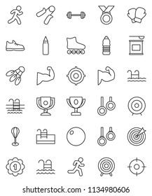thin line vector icon set - award cup vector, target, barbell, hand trainer, punching bag, fitball, muscule, snickers, boxing glove, roller Skates, medal, sports nutrition, water bottle, shuttlecock