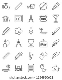 thin line vector icon set - water tap vector, splotch, washboard, thermometer, pen, pencil, ruler, drawing compass, Railway carriage, glass, tulip, big scales, hdmi, broken bone, cottage, plan, buy