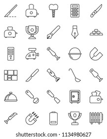 thin line vector icon set - camping cauldron vector, spatula, ladle, knife, grater, toaster, blender, dish, pen, award cup, magnet, safe, gold ingot, consolidated cargo, battery, scalpel, computer