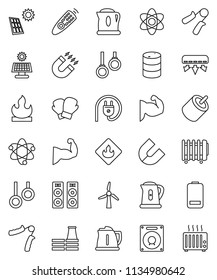 thin line vector icon set - kettle vector, atom, magnet, hand trainer, muscule, boxing glove, gymnast rings, flammable, oil barrel, remote control, battery, rca, solar panel, windmill, factory