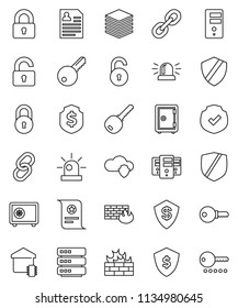 thin line vector icon set - certificate vector, personal information, dollar shield, safe, protected, link, cloud, big data, server, firewall, lock, unlock, siren, key, smart home, password