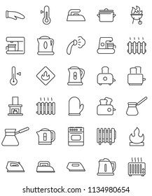 thin line vector icon set - iron vector, steaming, pan, kettle, cook glove, turk coffee, toaster, thermometer, bbq, flammable, fireplace, heating, maker, oven, heater