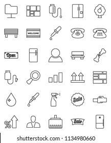 thin line vector icon set - water drop vector, welcome mat, sprayer, percent growth, consolidated cargo, top sign, sorting, classic phone, magnifier, dropper, broken bone, counter, network folder