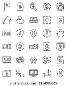 thin line vector icon set - exchange vector, dollar coin, cash, piggy bank, investment, growth, receipt, medal, flag, shield, calendar, monitor, cursor, any currency, money, bag