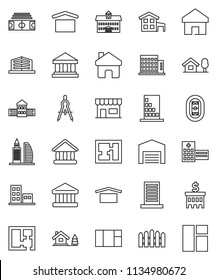 thin line vector icon set - university vector, school building, drawing compass, bank, stadium, dry cargo, hospital, home, cottage, chalet, barn, fence, plan, apartments, office, store, window