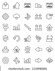 thin line vector icon set - graph vector, crisis, percent growth, dollar, target, route, signpost, top sign, package, sorting, cloud exchange, arrow, undo, upload, low price signboard, 24 hour
