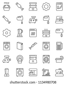thin line vector icon set - washer vector, washing powder, mixer, double boiler, blender, tomography, gear, construction crane, card reader, dishwasher, coffee maker, meat grinder, sewing machine
