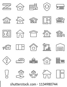 thin line vector icon set - house hold vector, school building, measuring, dry cargo, hospital, home, attention sign, cottage, barn, plan, love, construction crane, protect, mall, window