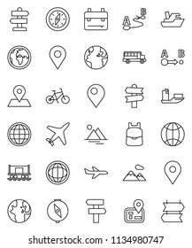 thin line vector icon set - backpack vector, compass, school bus, world, bike, signpost, navigator, earth, map pin, Railway carriage, plane, ship, route, globe, mountain