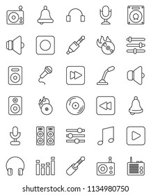 thin line vector icon set - bell vector, music, disk, hit, radio, speaker, equalizer, microphone, headphones, play button, forward, backward, rec, jack
