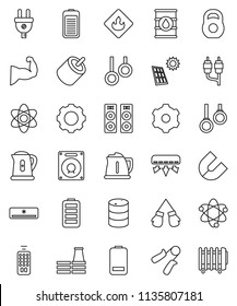 thin line vector icon set - kettle vector, atom, magnet, weight, hand trainer, muscule, boxing glove, gymnast rings, flammable, oil barrel, remote control, battery, rca, gear, solar panel, factory