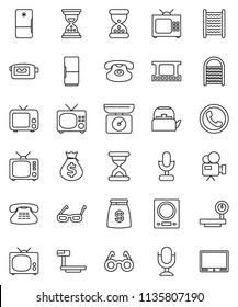 thin line vector icon set - washboard vector, kettle, glasses, money bag, sand clock, big scales, film frame, tv, video camera, microphone, classic phone, fridge, kitchen