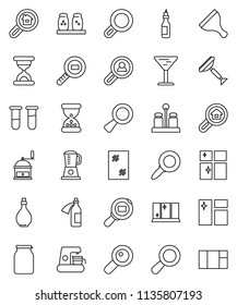 thin line vector icon set - scraper vector, window cleaning, shining, oil, hand mill, spices, jar, magnifier, glass, cargo search, vial, sand clock, potion, estate, client, coffee maker, blender